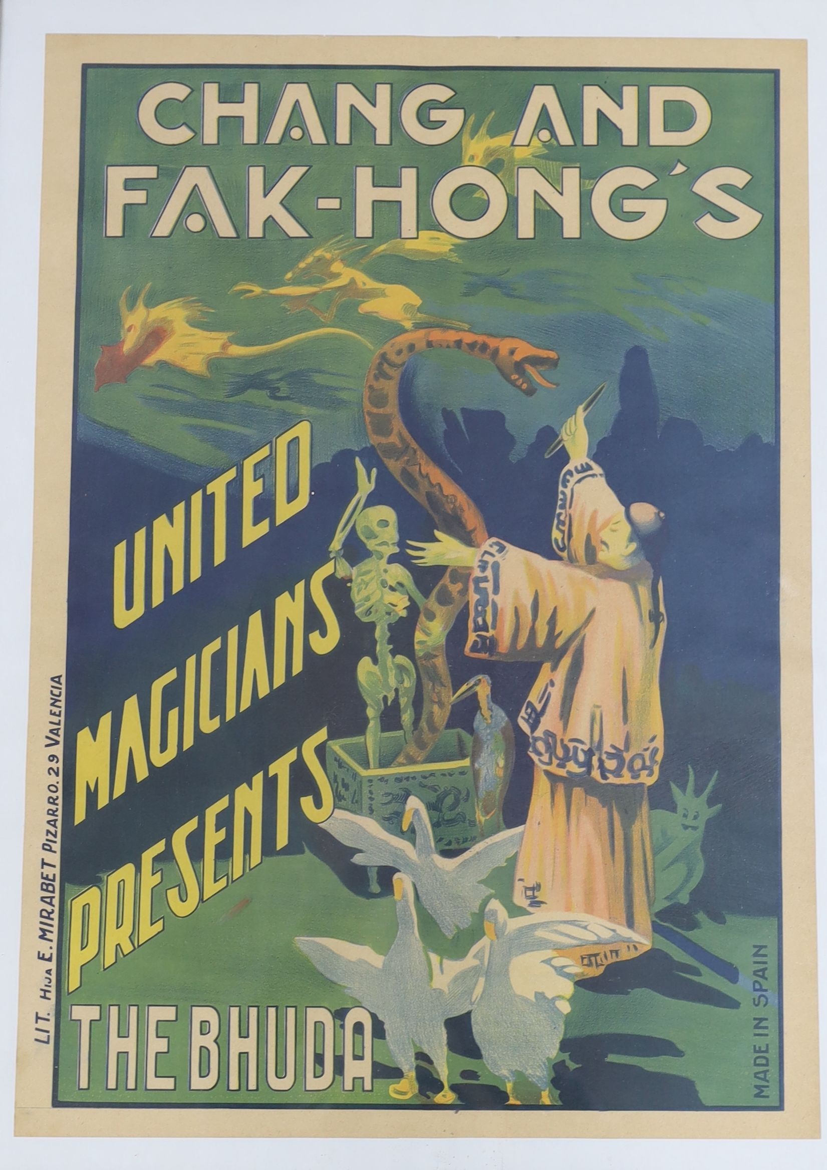 E.Mirabet lith. colour lithograph, ‘Chang and Fak Hong’s United Magiciens presents The Bhuda’, 63 x 44.5cm.